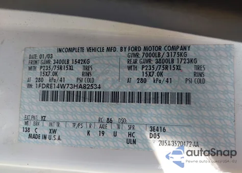 2003 Ford E-150 Recreational from USA, damaged, VIN 1FDRE14W73HA82534